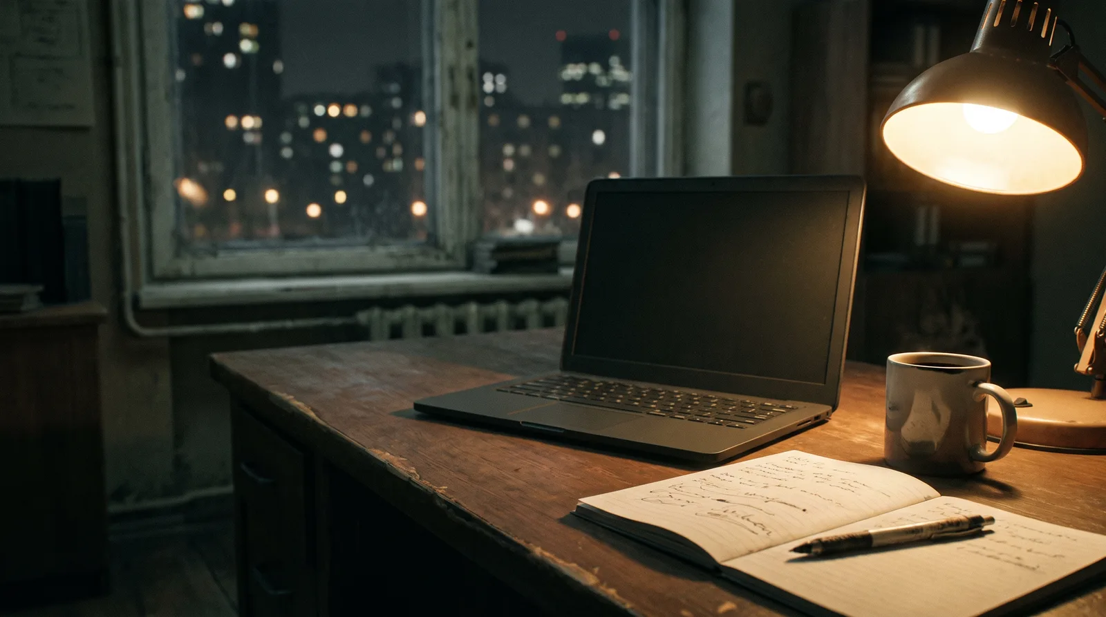 A closed laptop, an open notebook with a pen and a cup of coffee on a wooden desk at night, city lights through the window